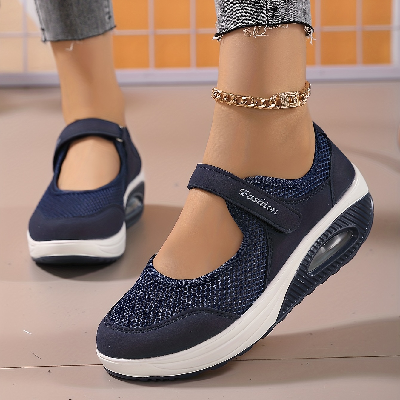 womens solid color mesh sneakers ankle strap slingback platform casual shoes comfy walking low top shoes details 3