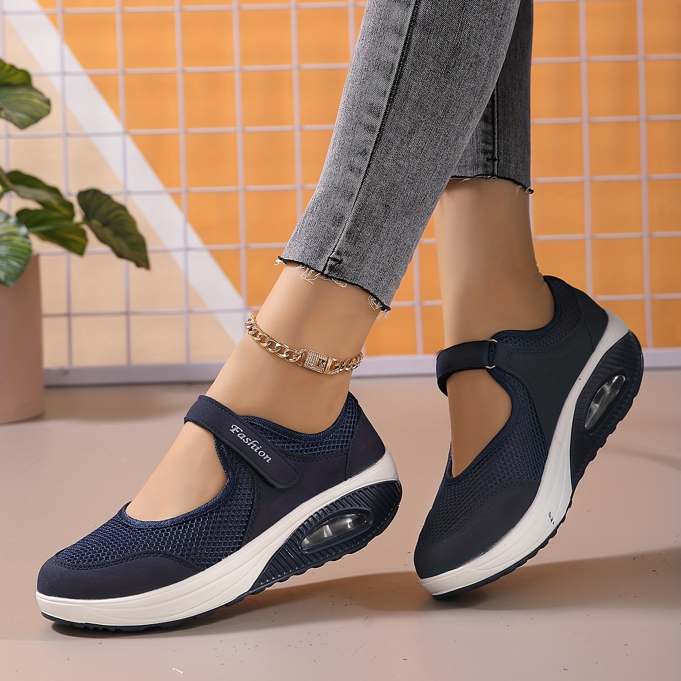 womens solid color mesh sneakers ankle strap slingback platform casual shoes comfy walking low top shoes details 4