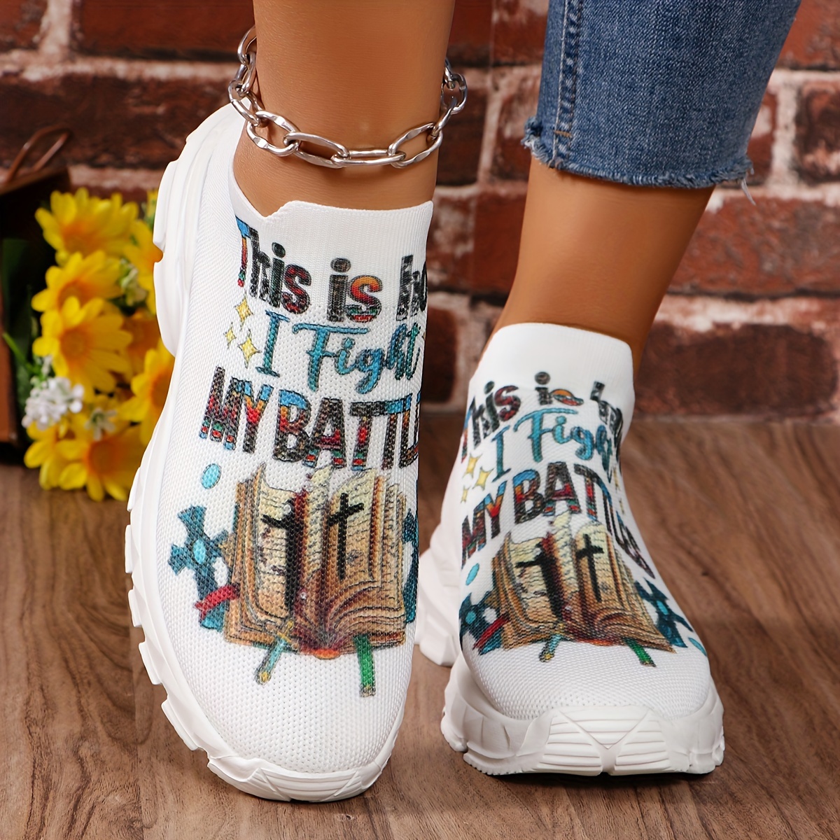 letter print platform sneakers women s breathable knit slip details 1