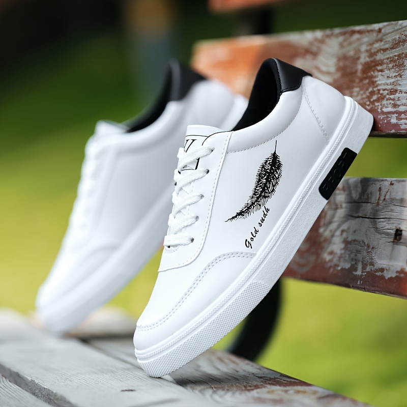 mens trendy solid white shoes with feather pattern non slip lace up low top sneakers comfy for outdoor casual activities walking jogging traveling men s shoes temu details 0